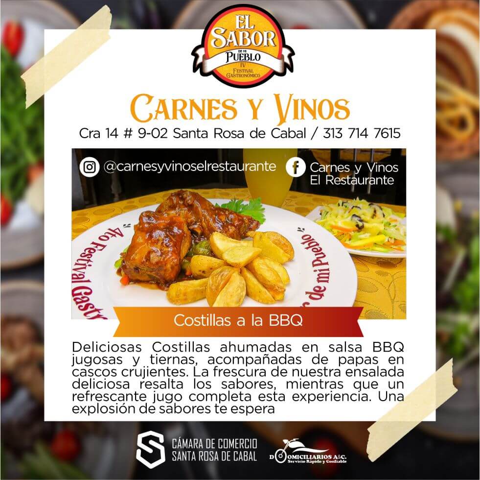 Restaurante Carnes y Vinos Ubicado en la Cra 14 # 9-02 Costilla a la BBQ