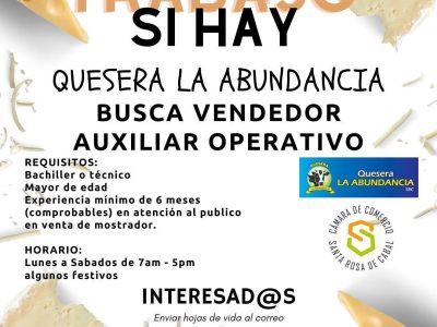 Quesera la abundancia, requiere vendedor auxiliar operativo.
Requisitos:
Hojas de cálculo
Bachiller o técnico
Mayor de edad
Experiencia mínima de 6 meses (comprobables) en Atención al público en ventas de mostrador.
Horario:
De lunes a viernes de 7:00 a.m. a 5:00 p.m.
#trabajoihay