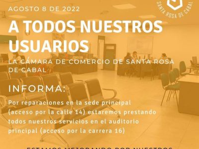 Información importante para nuestros usuarios 🔺
Por remodelación ⚒🚧 El acceso a nuestras instalaciones está habilitada por la cra 16. 📍
¡Los esperamos para ofrecerles la mejor atención!